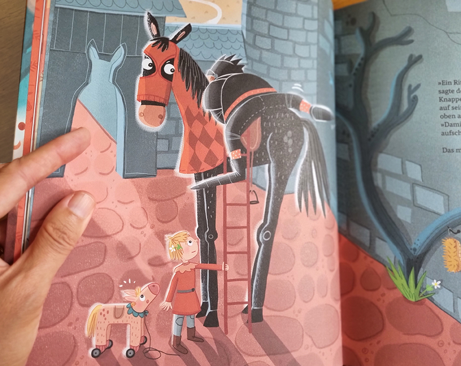 kinderbuchillustration_ulrikehalvax_ritterglitter_mutigsein_anderssein_langbeiniges_pferd_ironie